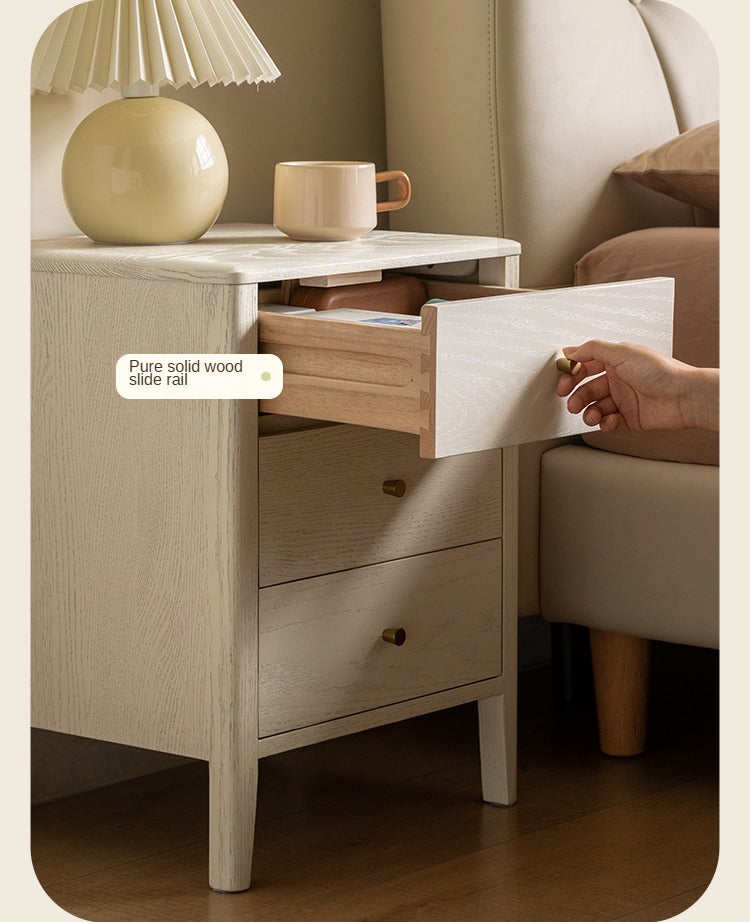 Oak Solid Wood, Solid RubberWood Nightstand Cream Style)