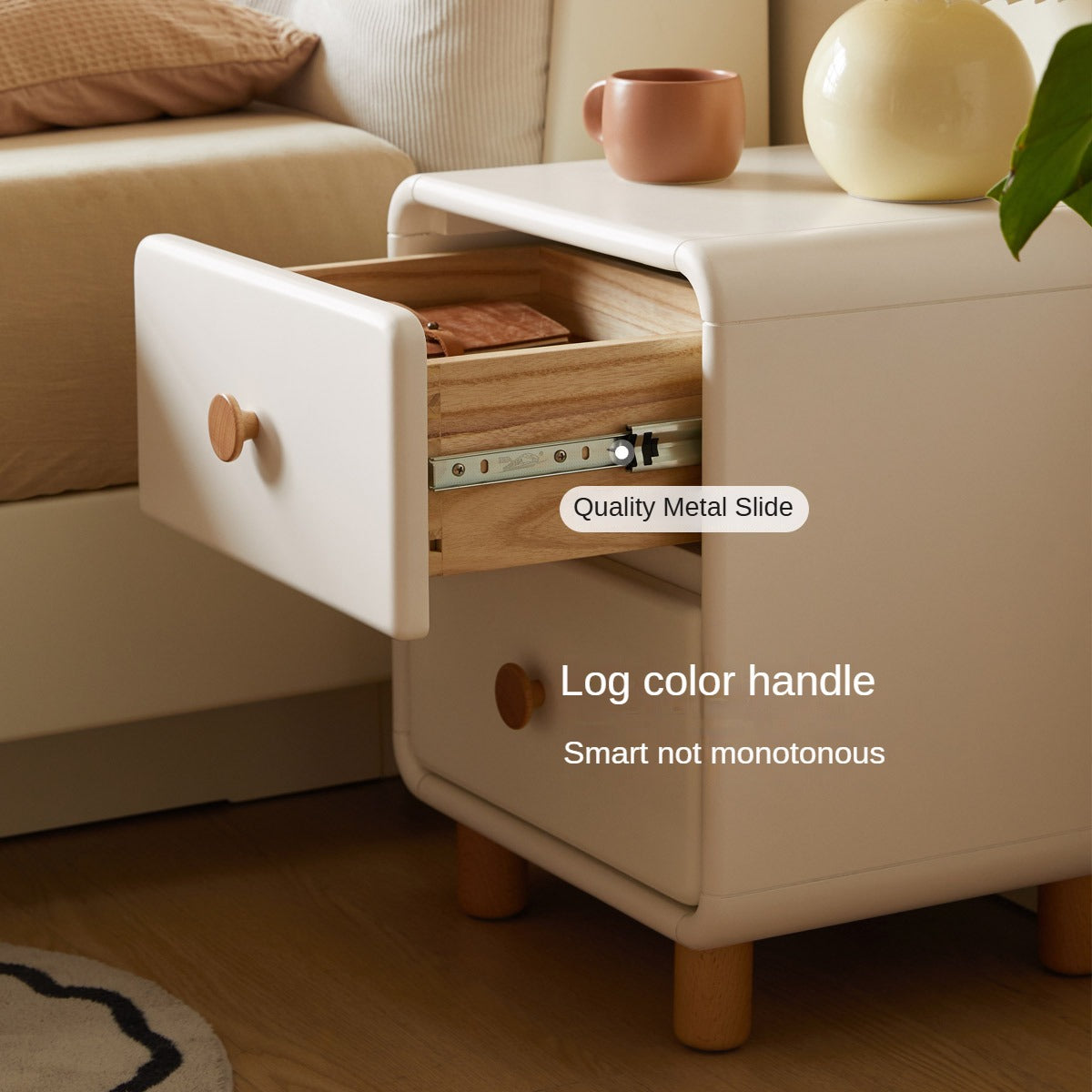 Poplar Solid Wood, Solid Rubberwood Nightstand Cream Style White Cabinet)