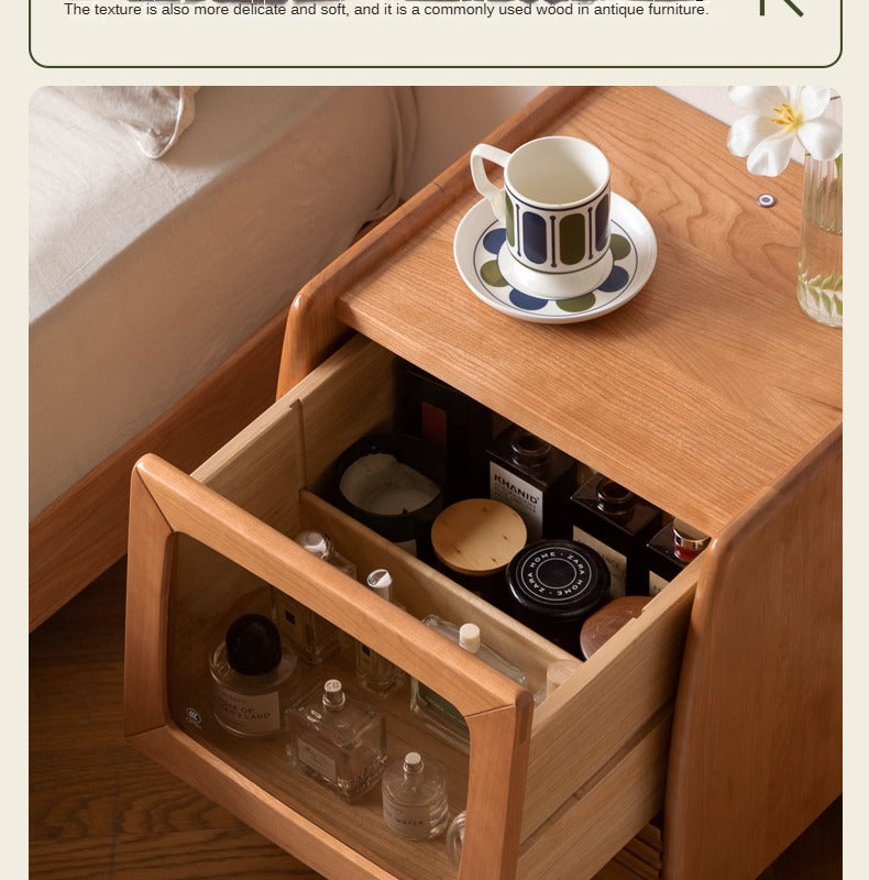 Cherry Solid Wood Art Retro Nightstand with Light Glass