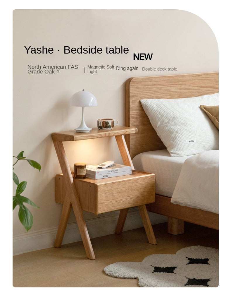 Oak Solid Wood Nightstand Rack Integrated Light.