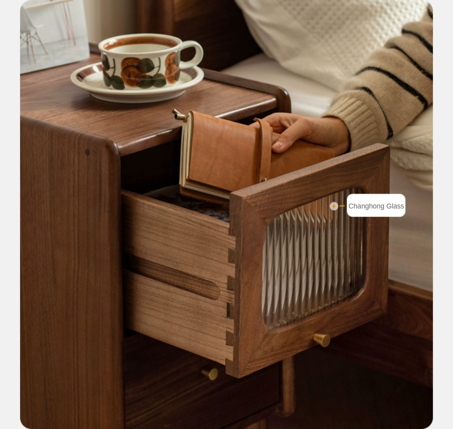 Black Walnut, Calpa Solid Wood Ultra-Narrow Nightstand.