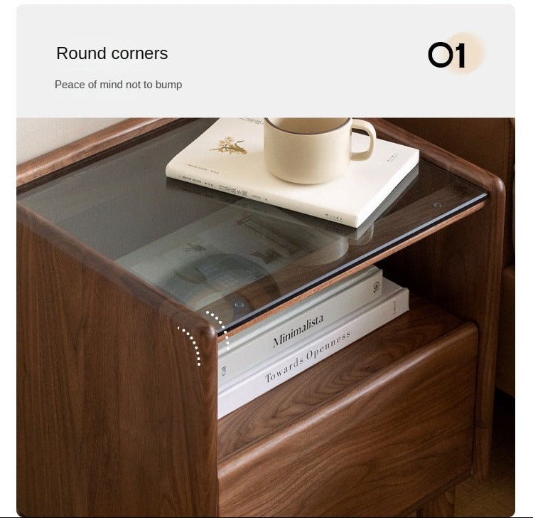 Black Walnut, Catalpa, Sandalwood Solid Wood Nightstand Glass Countertop.