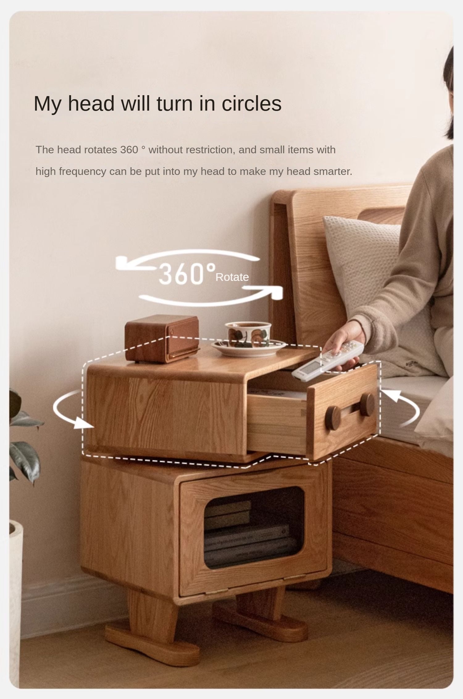 Oak Solid Wood Nightstand Rotate 360°.