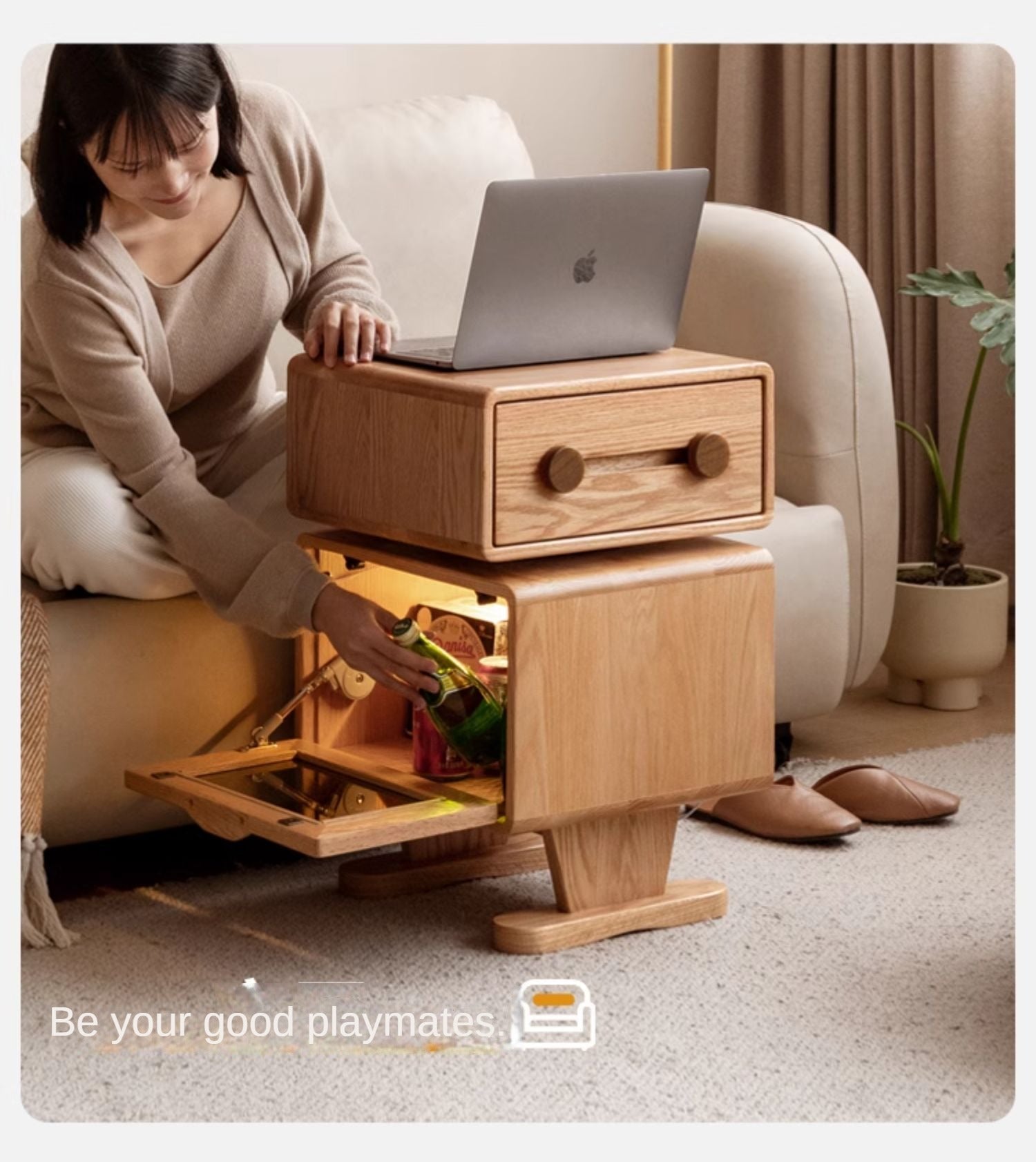 Oak Solid Wood Nightstand Rotate 360°.