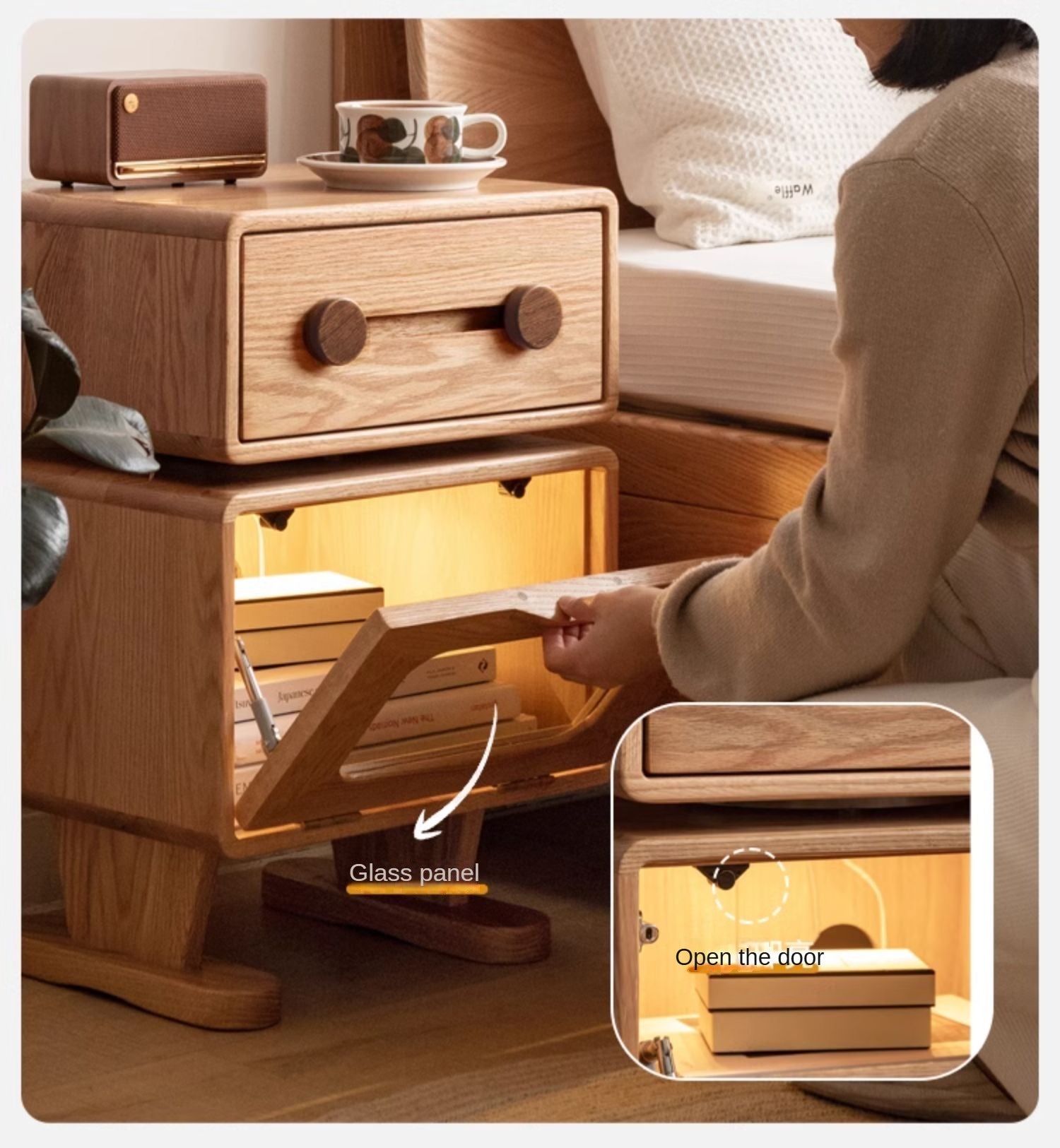 Oak Solid Wood Nightstand Rotate 360°.