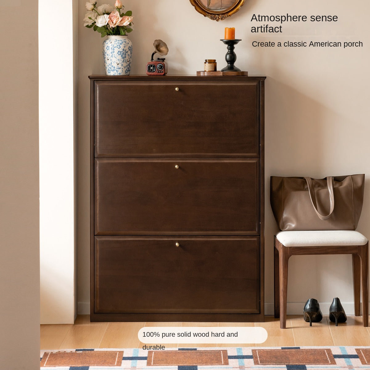 Solid Rubberwood, Poplar Solid Wood American Retro Narrow Shoe Cabinet Door Entrance Cabinet
