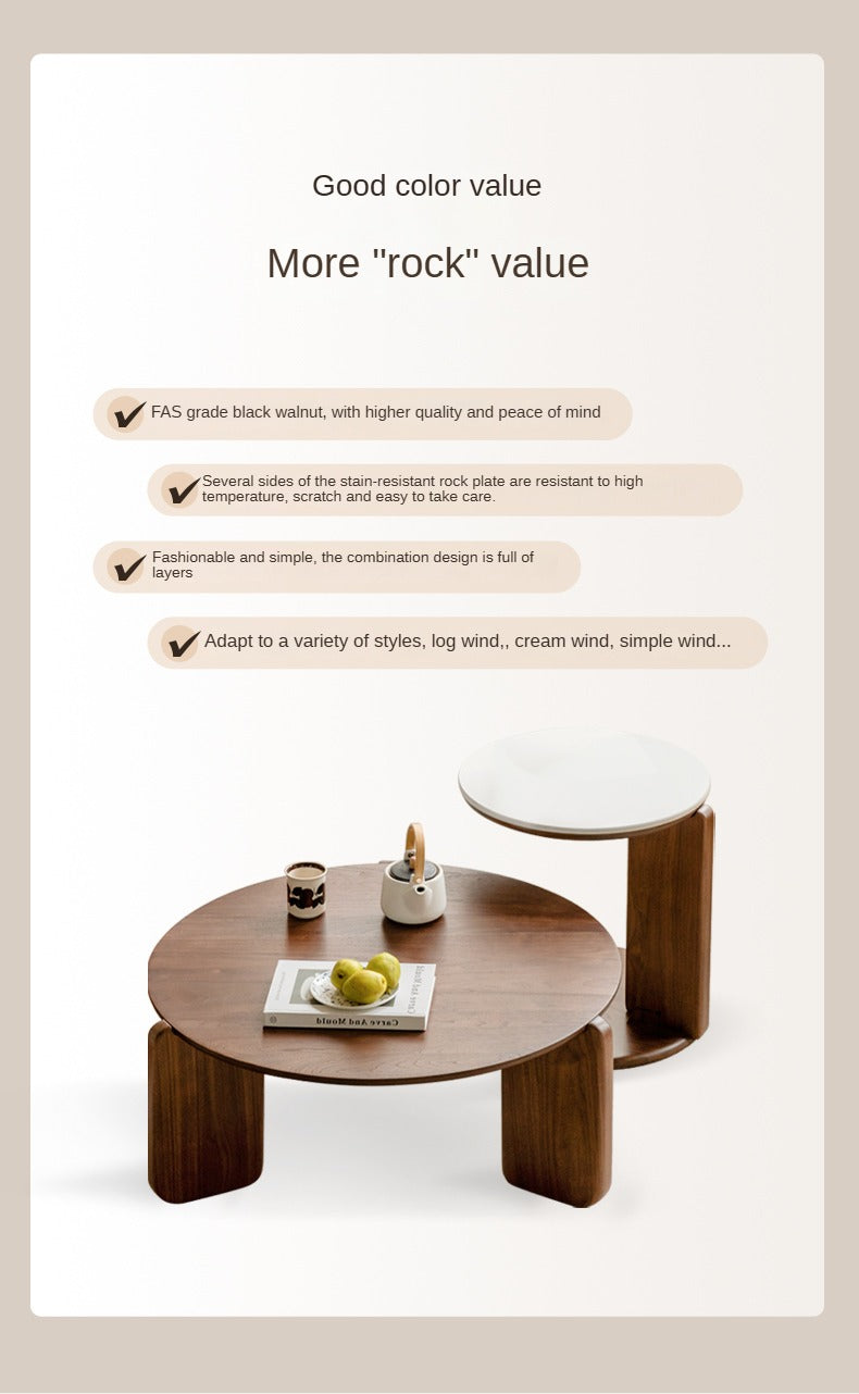 Black Walnut, Sandalwood Solid Wood Slate Round Tea Coffee Table