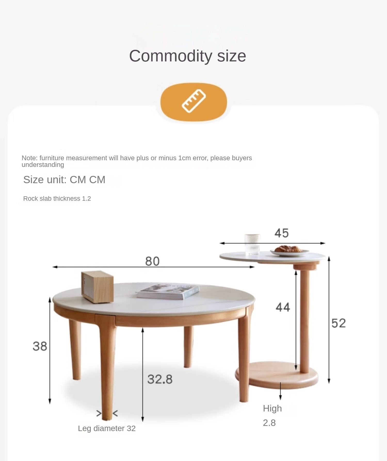 Beech Solid Wood Coffee Table Slate Side Table Combination