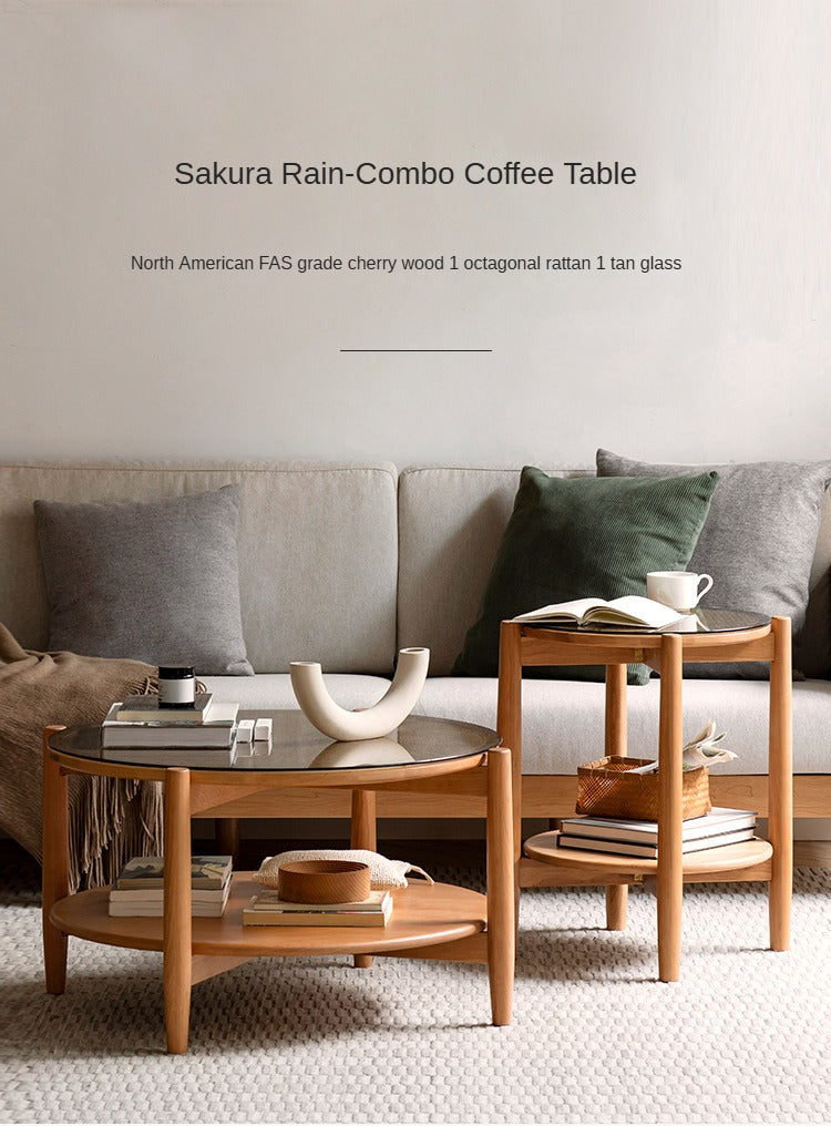 Cherry Wood Rattan Vine Weaving Glass Retro Coffee Table Combination