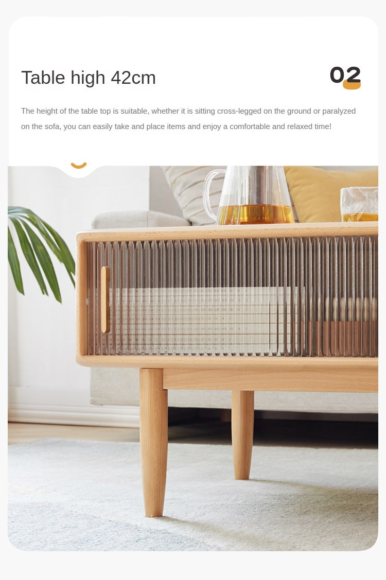 Beech Solid Wood Glass Sliding Door Coffee Table