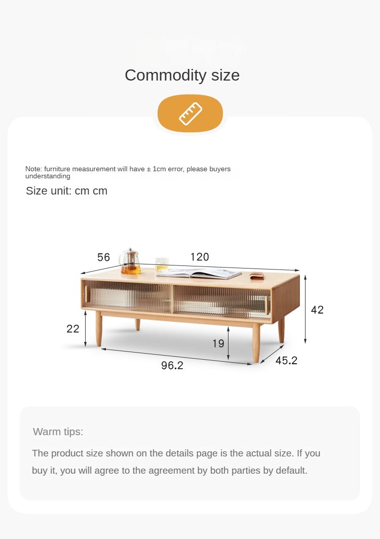 Beech Solid Wood Glass Sliding Door Coffee Table