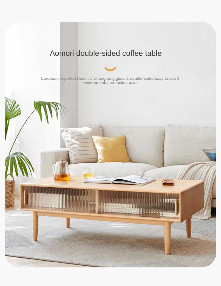 Beech Solid Wood Glass Sliding Door Coffee Table