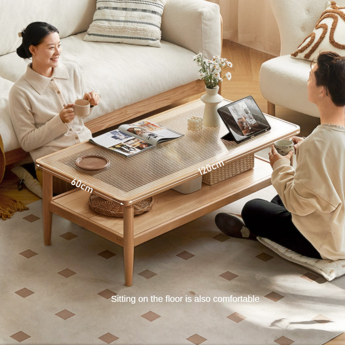 Beech Solid Wood Glass Coffee Table Nordic