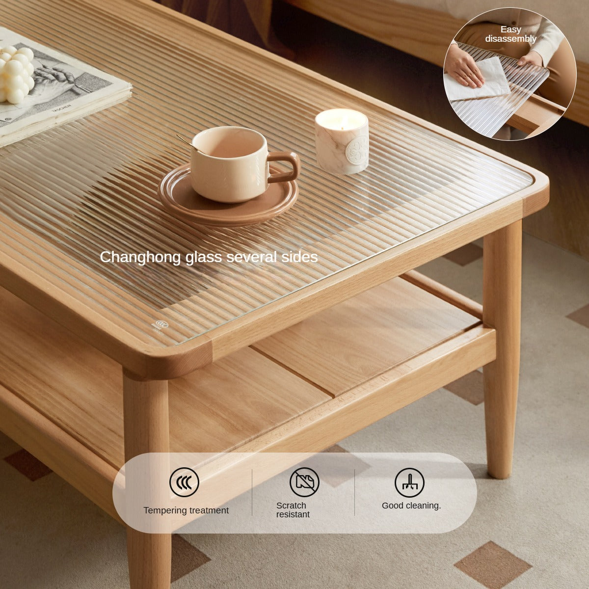 Beech Solid Wood Glass Coffee Table Nordic