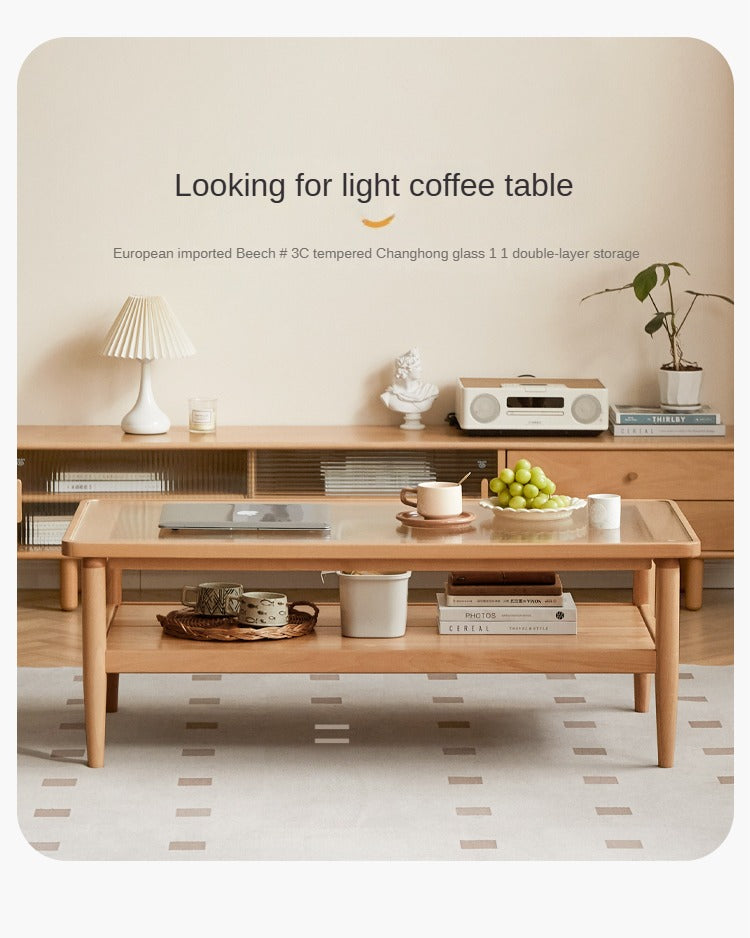 Beech Solid Wood Glass Coffee Table Nordic