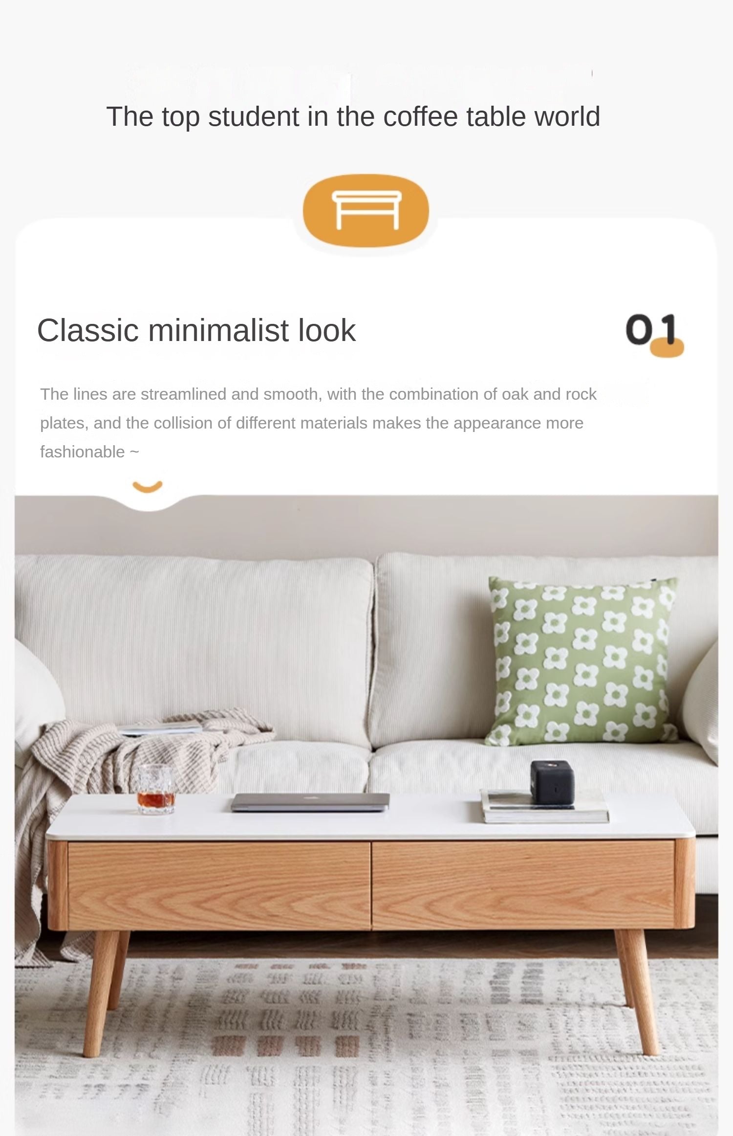 Oak, Beech Solid Wood Slate Coffee Table Simple Modern