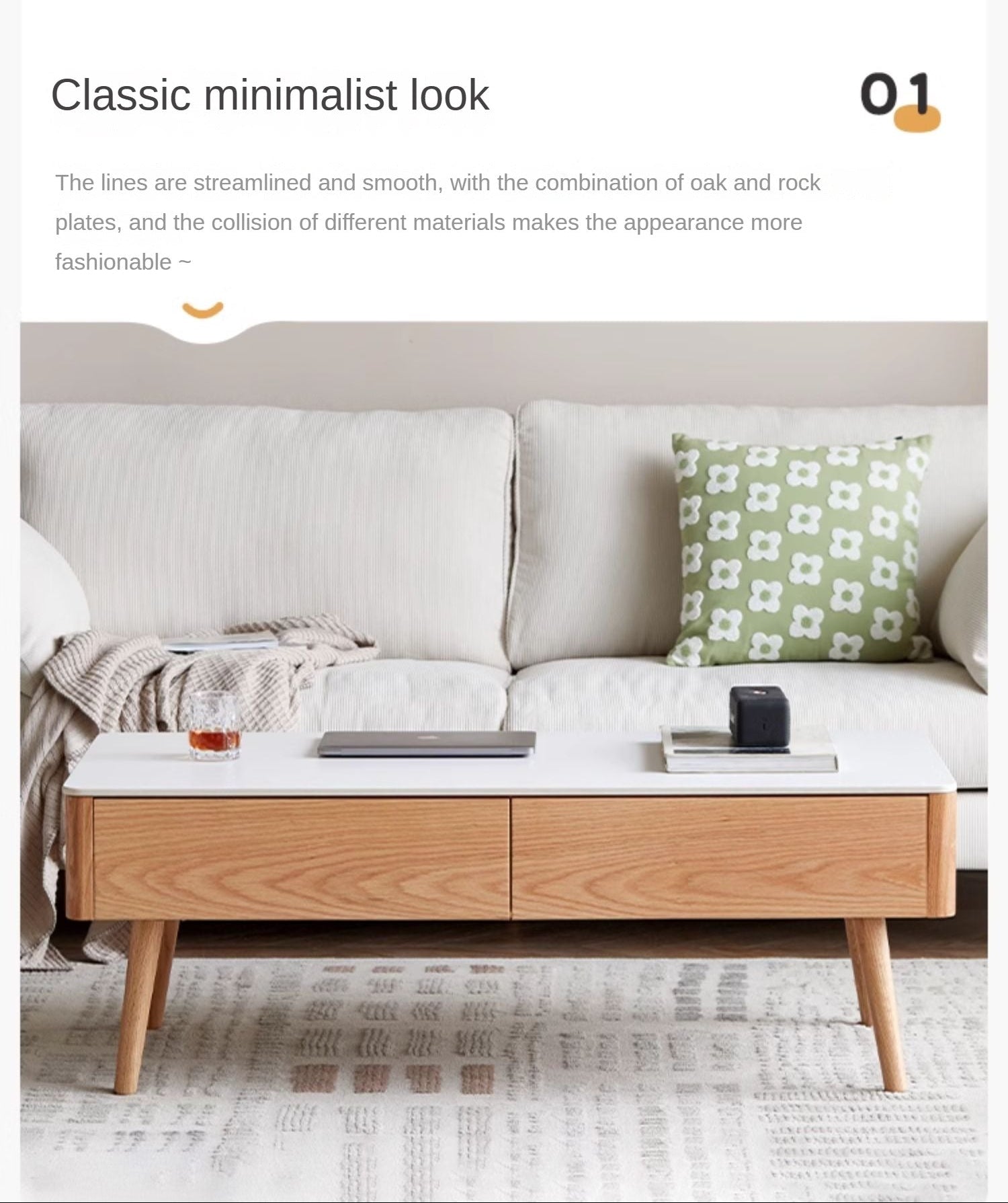 Oak, Beech Solid Wood Slate Coffee Table Simple Modern