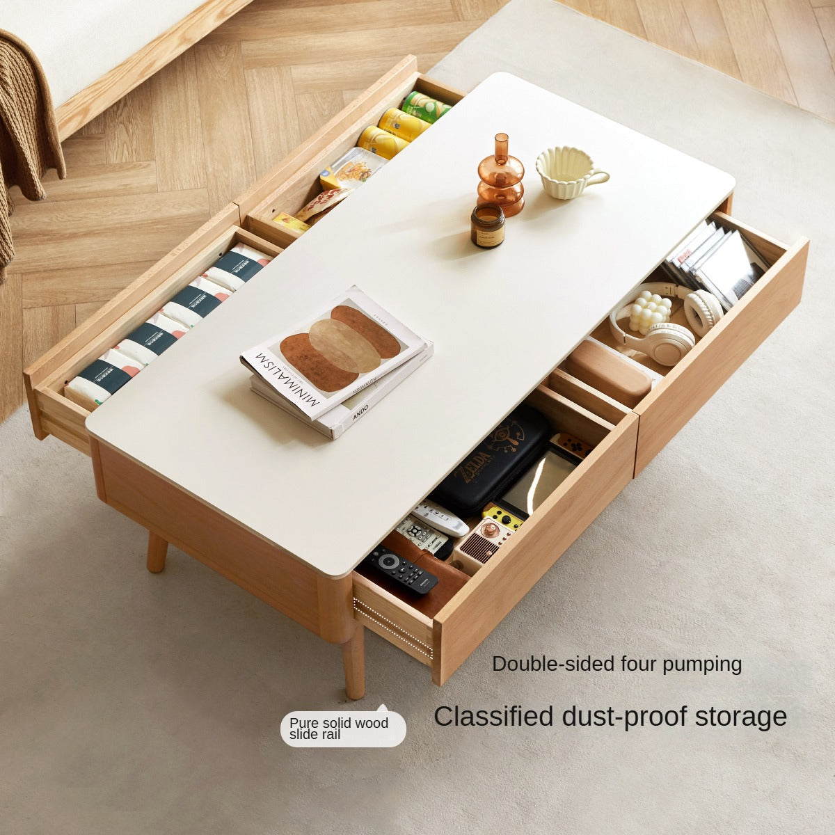 European Beech Solid Wood Storage Rock Board Coffee Table