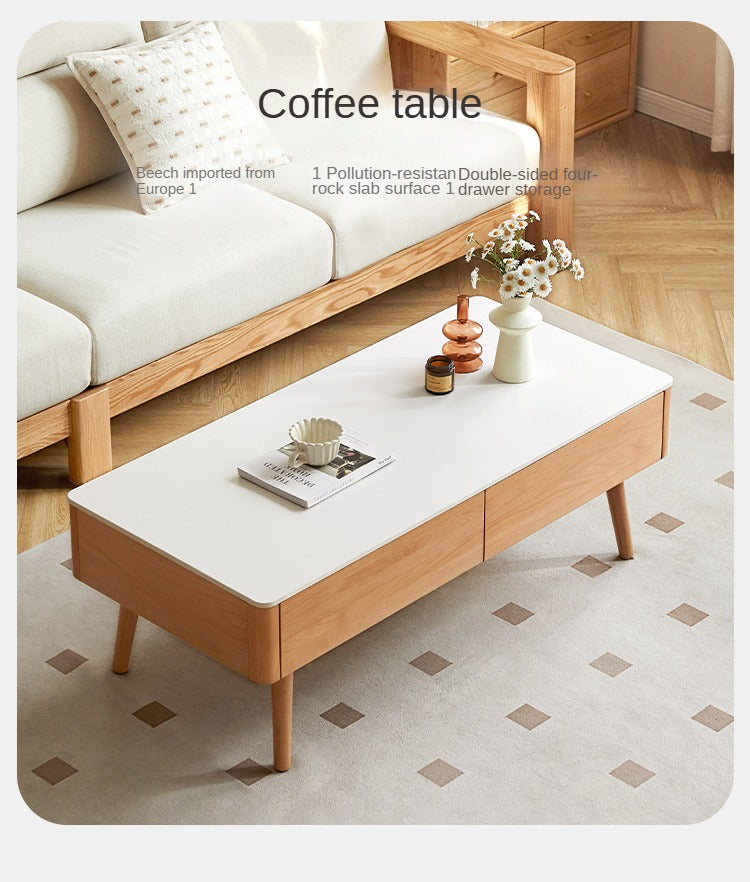 European Beech Solid Wood Storage Rock Board Coffee Table
