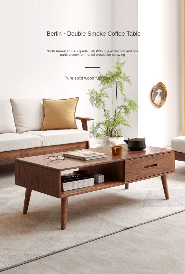 Oak, Solid Rubberwood Two-Drawer Coffee Table Walnut Color
