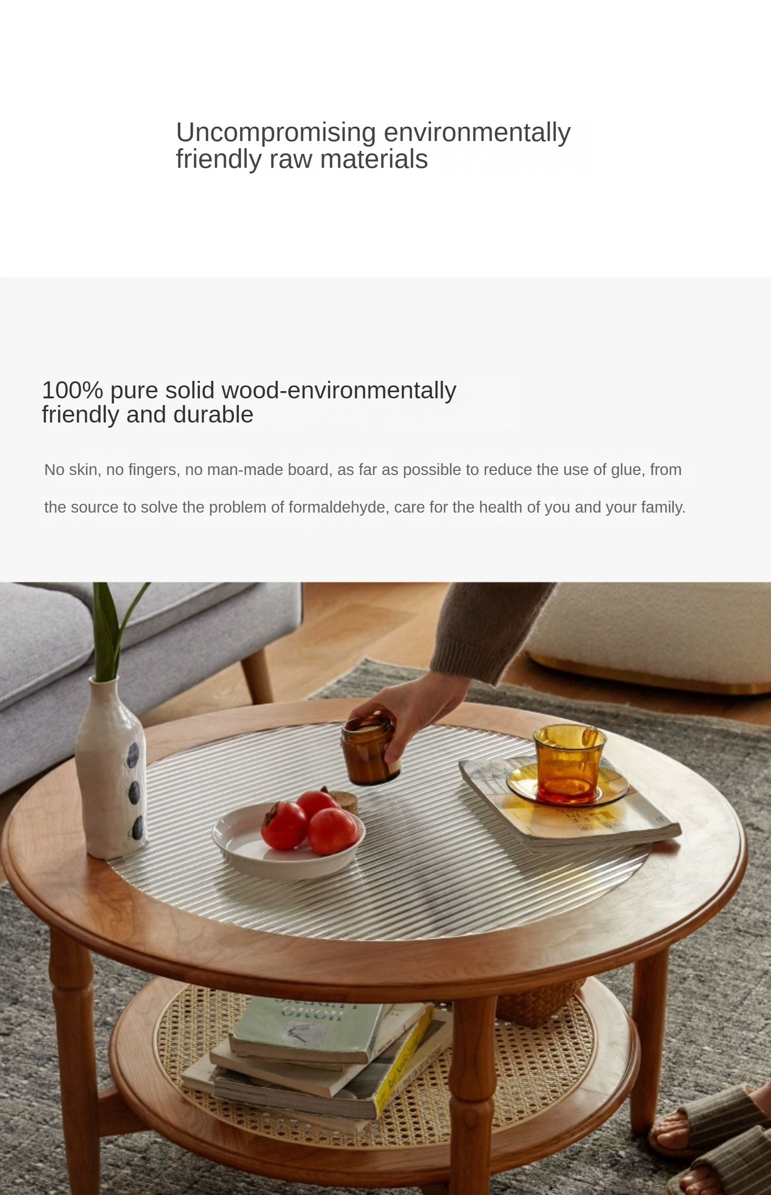 Cherry Wood Solid Wood Glass Round Coffee Table