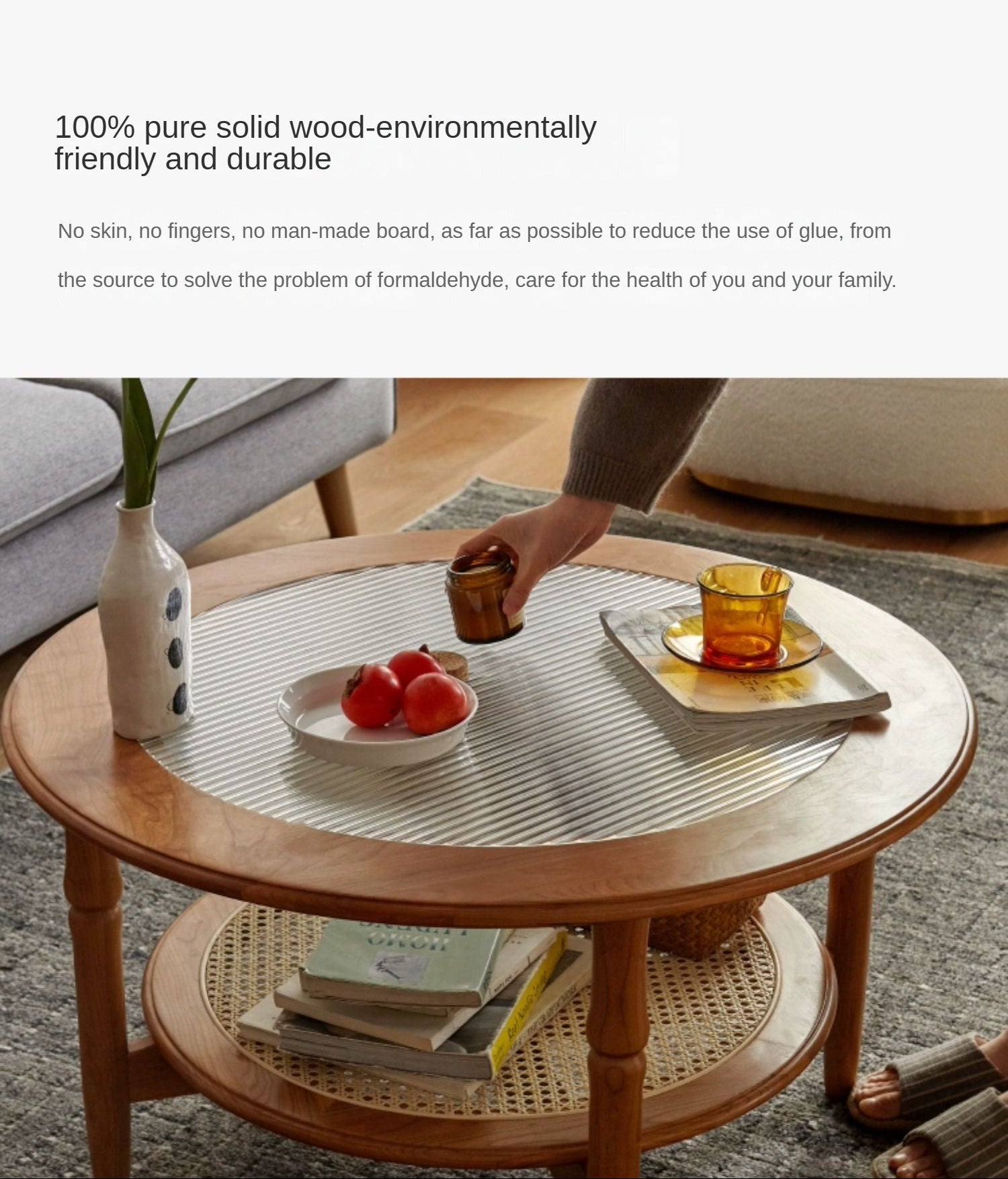 Cherry Wood Solid Wood Glass Round Coffee Table