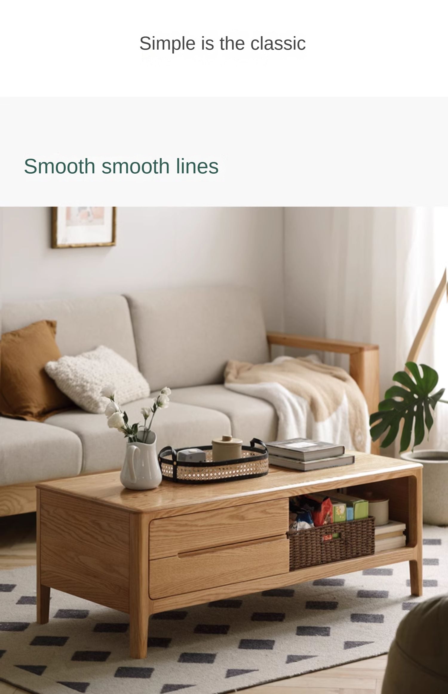 Oak, Solid Rubberwood Coffee Table Three Drawers