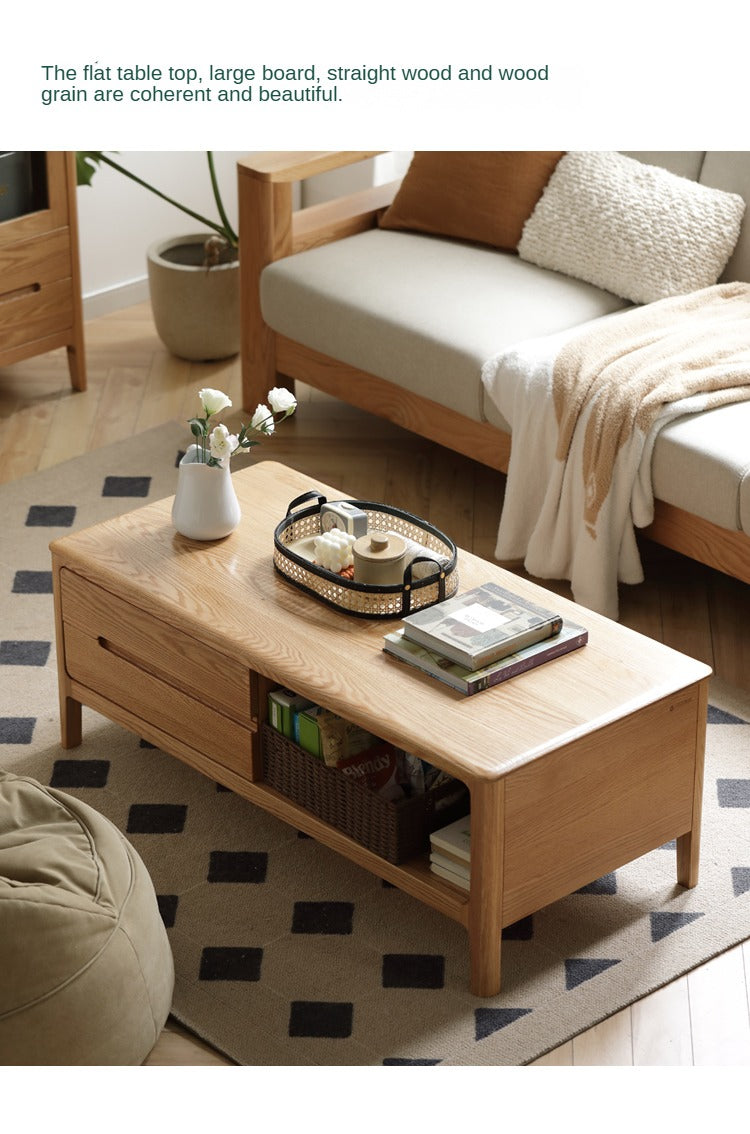 Oak, Solid Rubberwood Coffee Table Three Drawers