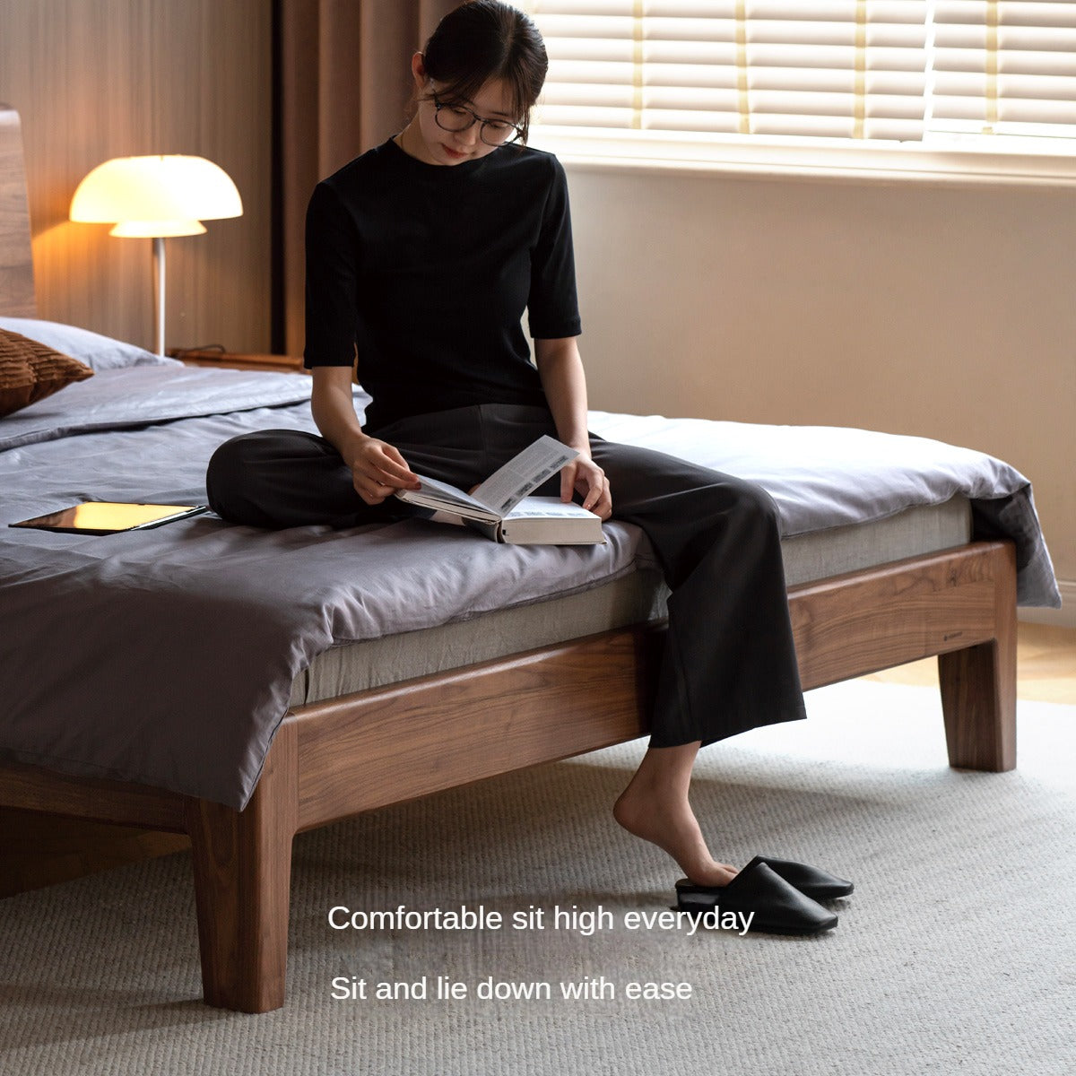 Black Walnut, Teak solid wood, Ach Solid Wood Bed Nordic Modern