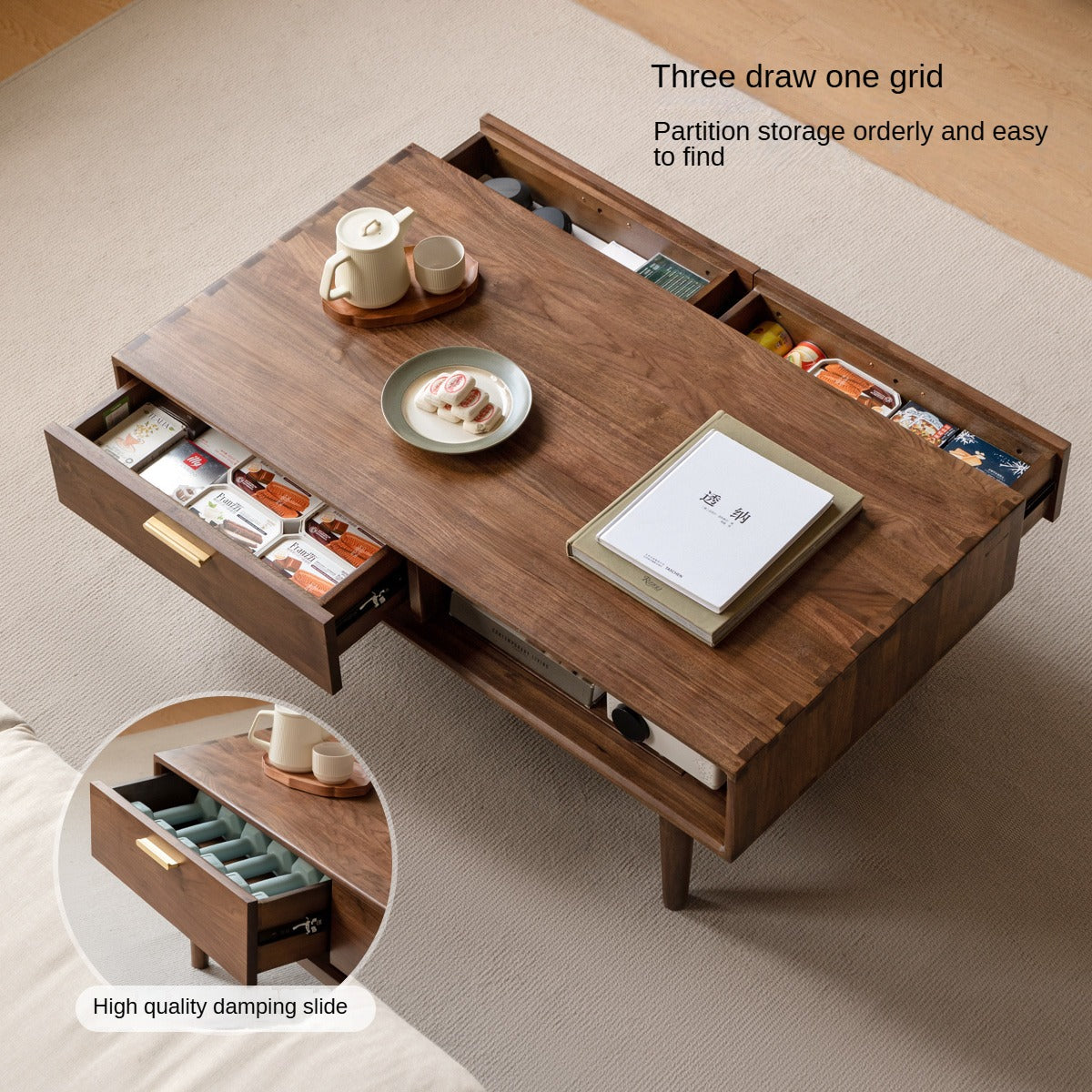 Black Walnut Solid Wood Storage Rock Plate Coffee Table