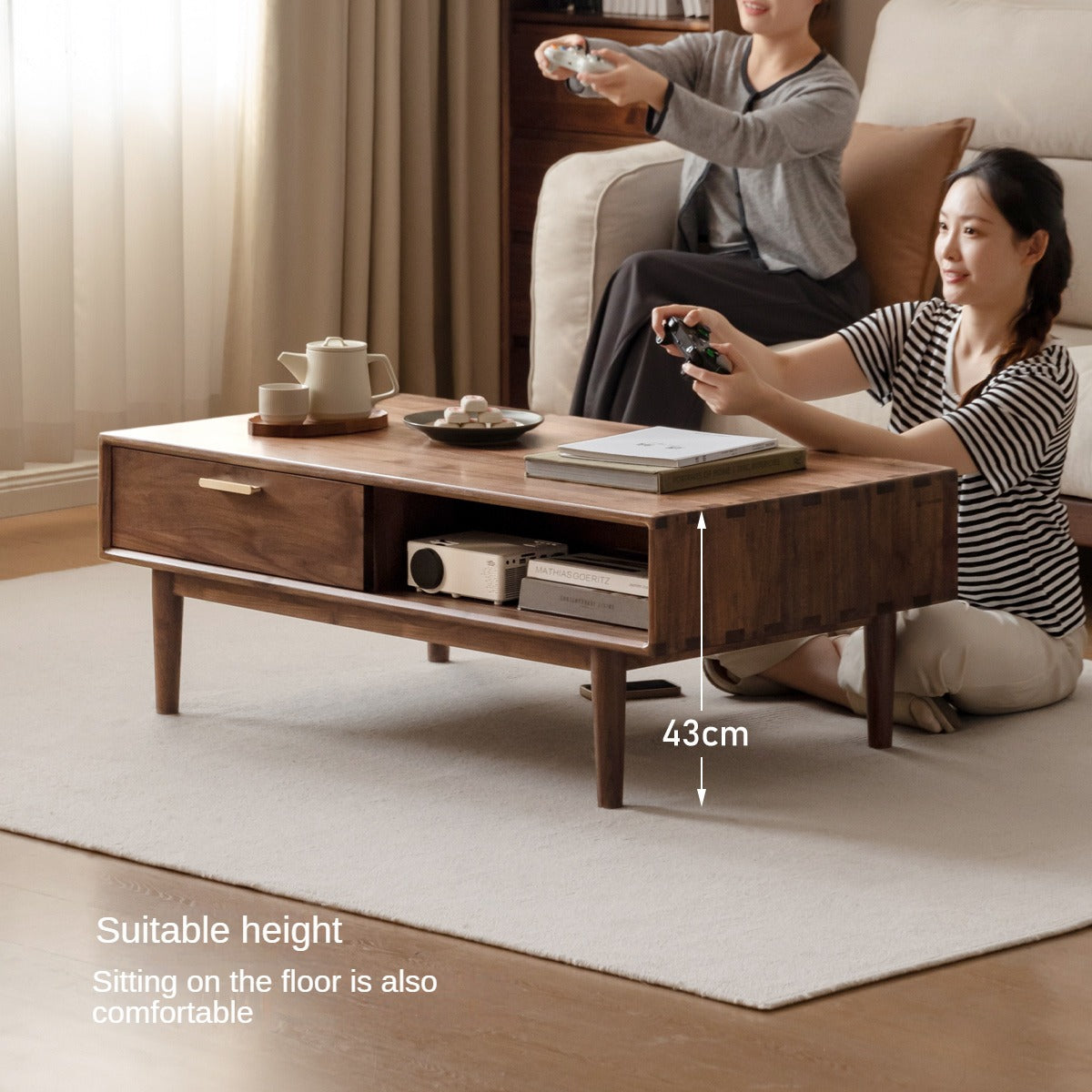 Black Walnut Solid Wood Storage Rock Plate Coffee Table