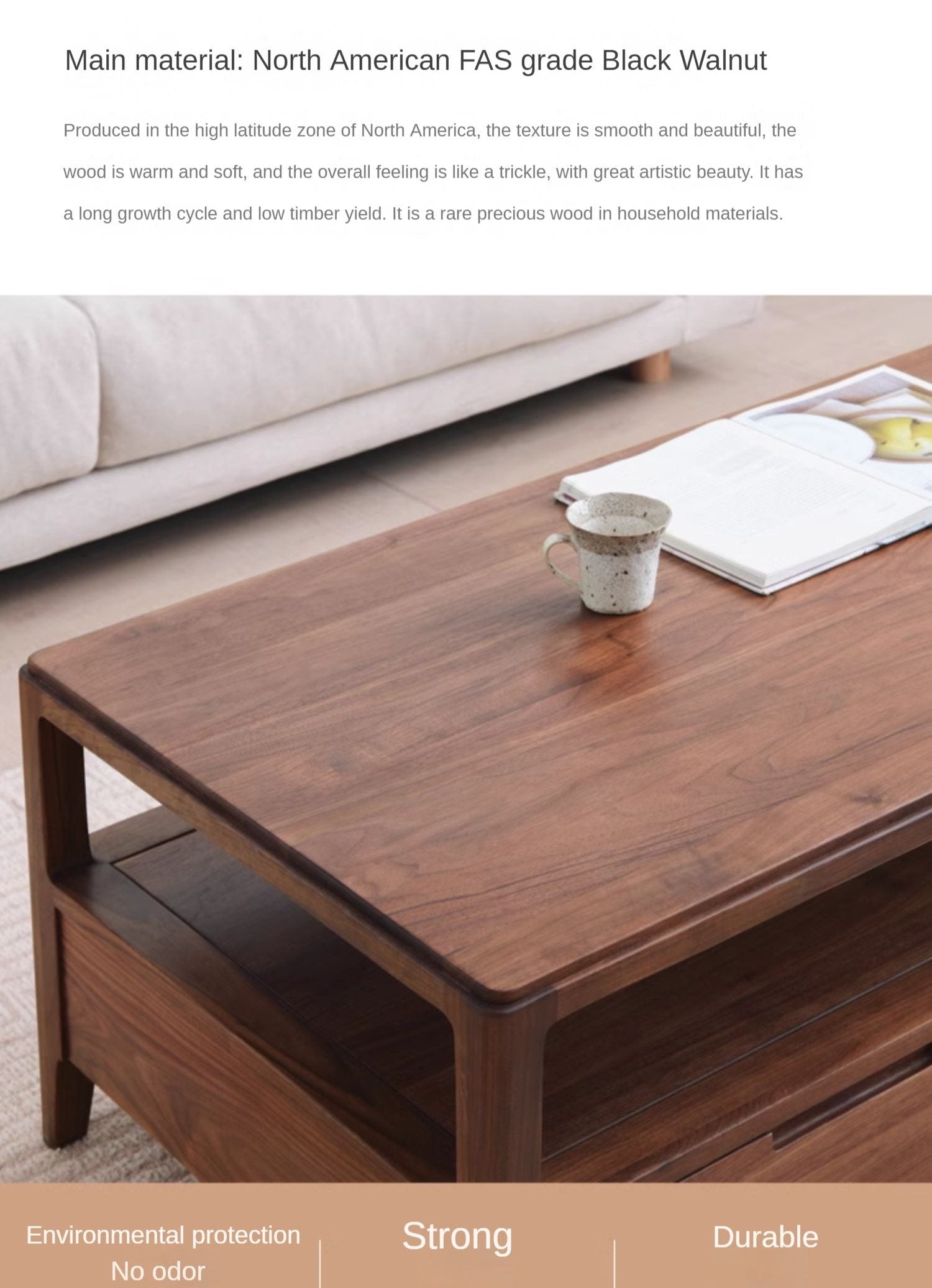 Black Walnut Solid Wood Four Drawer Coffee Table