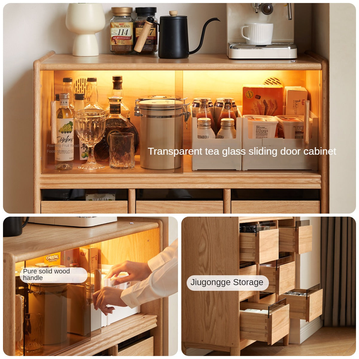 Oak Solid Wood, Solid RubberWood Dining Modern Sideboard