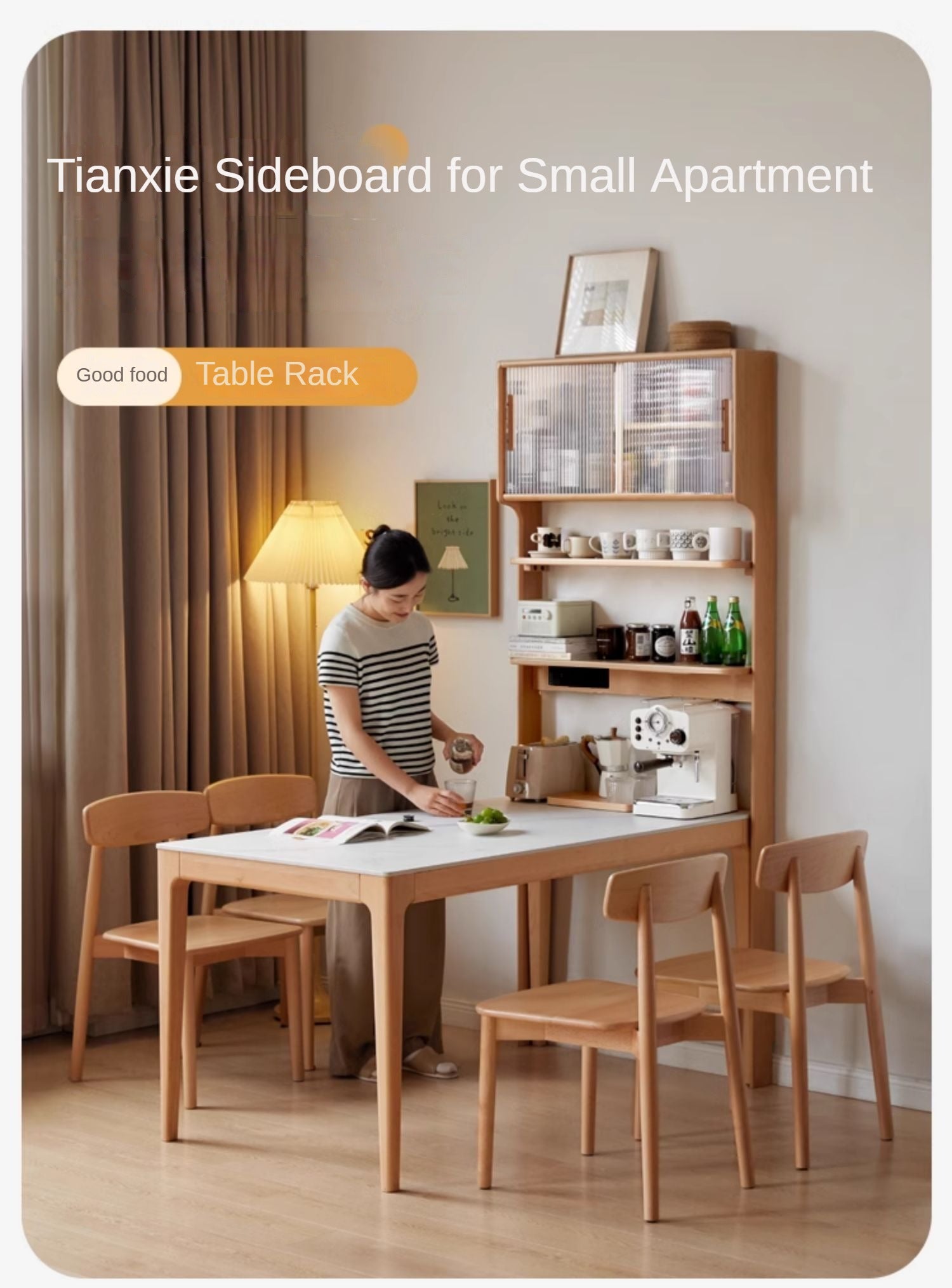 Beech Solid Wood Dining Sideboard Integrated Multifunctional Rack Household
