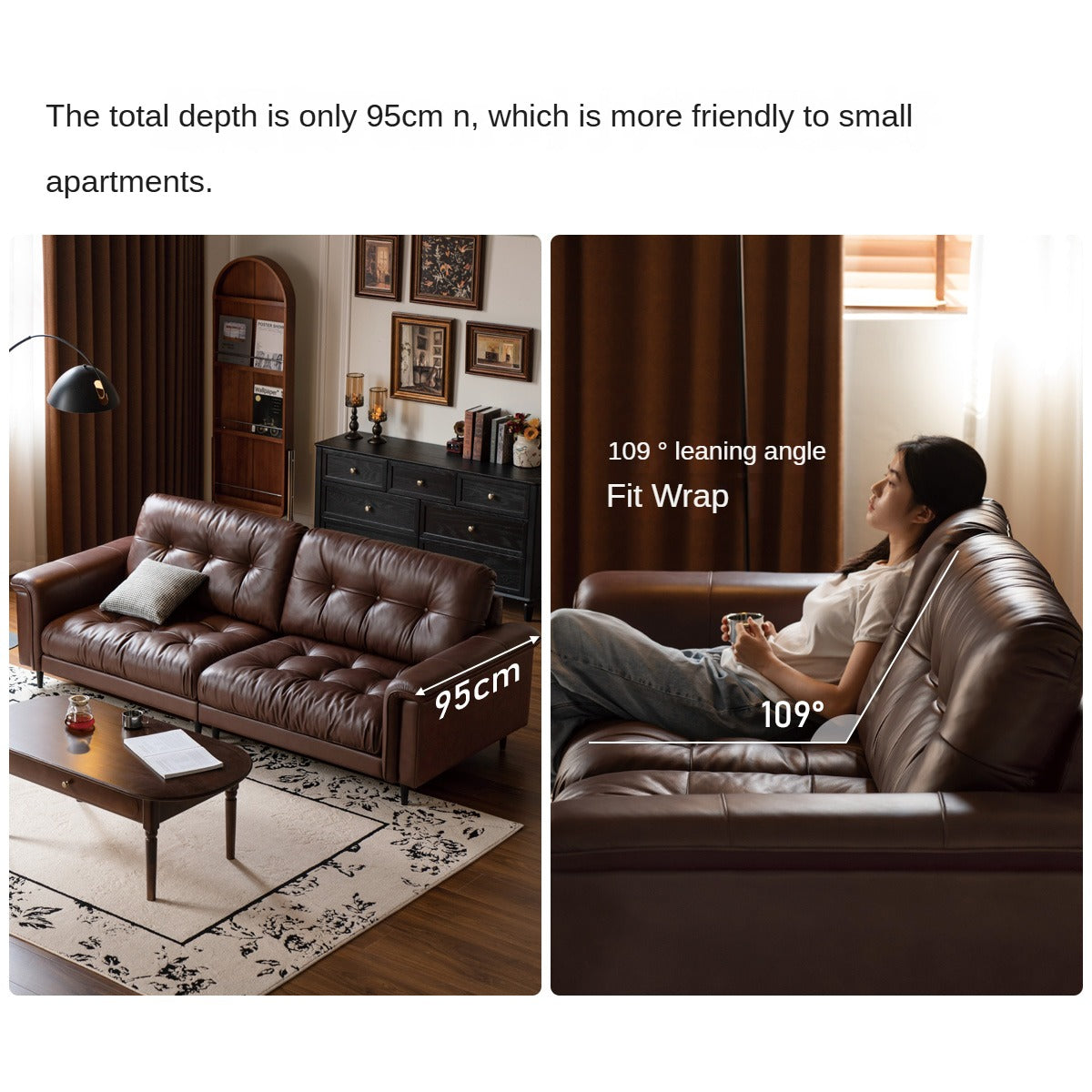 Leather Sofa American Retro Top Layer Cowhide Straight Sofa,