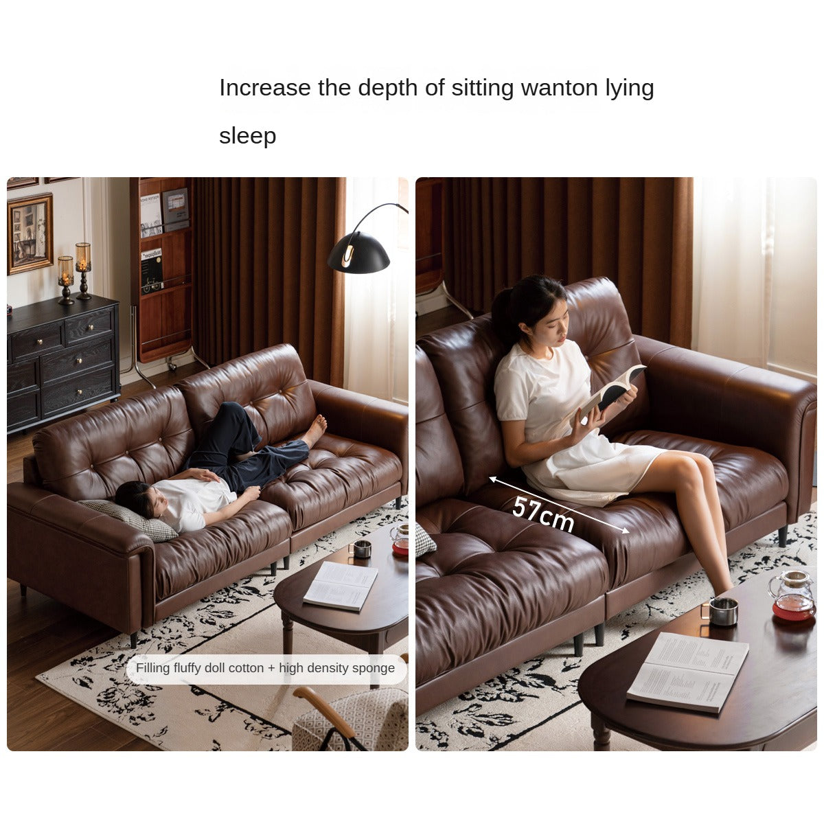 Leather Sofa American Retro Top Layer Cowhide Straight Sofa,
