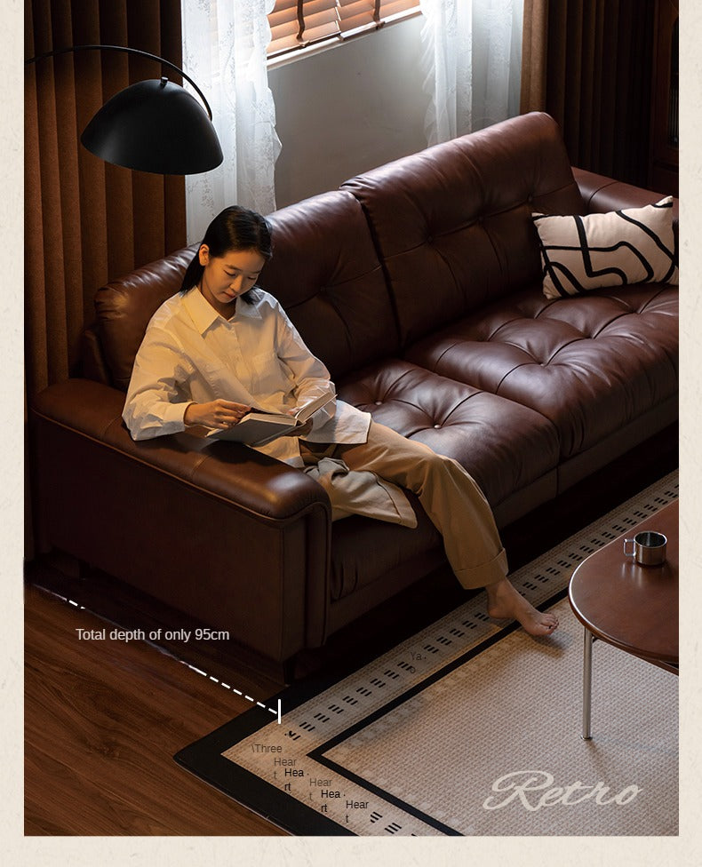 Leather Sofa American Retro Top Layer Cowhide Straight Sofa,