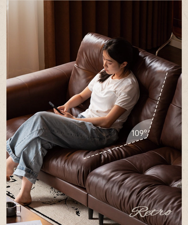 Leather Sofa American Retro Top Layer Cowhide Straight Sofa,