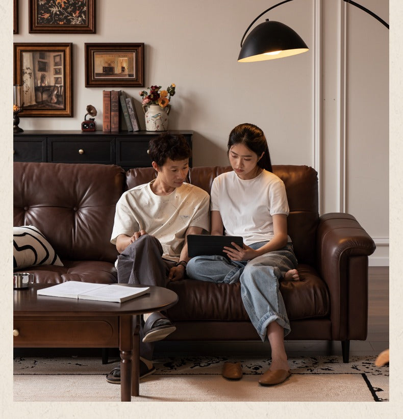 Leather Sofa American Retro Top Layer Cowhide Straight Sofa,