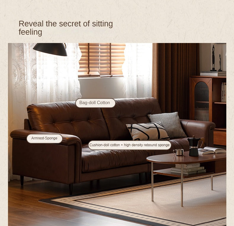 Leather Sofa American Retro Top Layer Cowhide Straight Sofa,