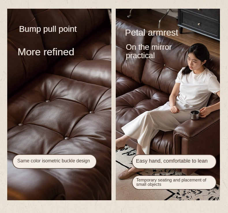 Leather Sofa American Retro Top Layer Cowhide Straight Sofa,