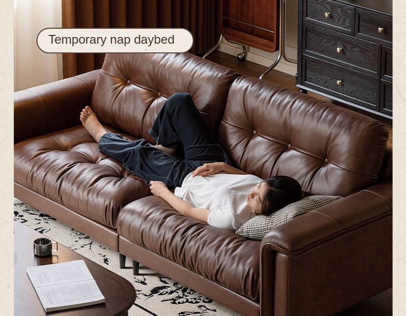 Leather Sofa American Retro Top Layer Cowhide Straight Sofa,