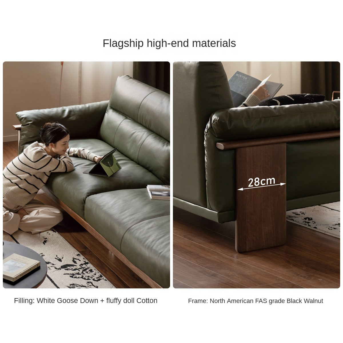 Black Walnut Solid Wood Italian Leather Sofa-