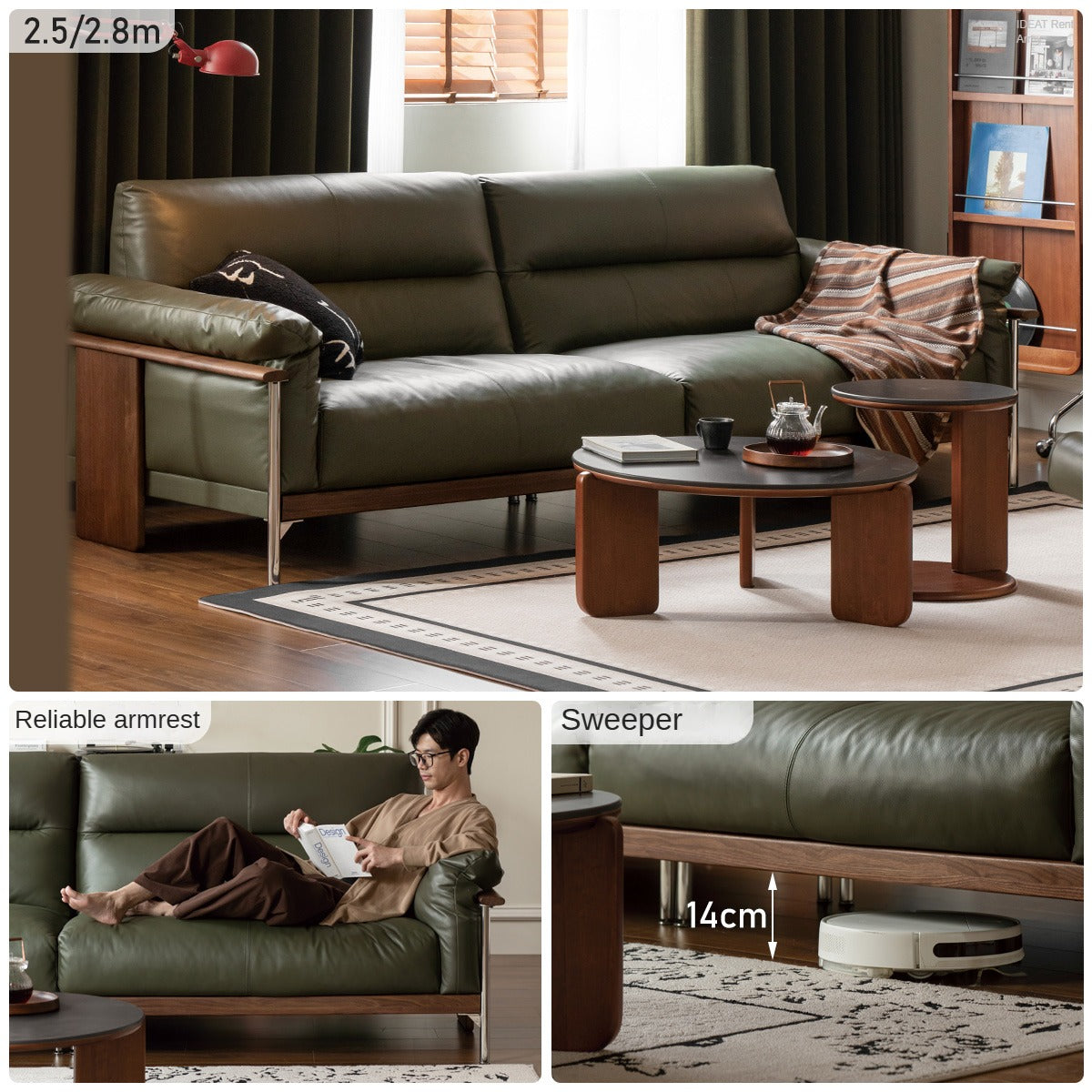 Black Walnut Solid Wood Italian Leather Sofa-