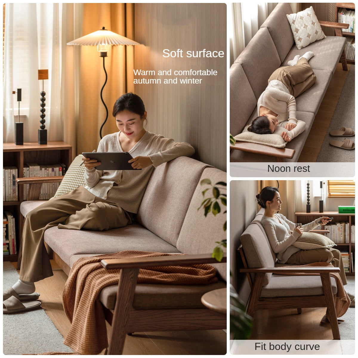 Oak Solid Wood Straight Sofa 4 fabrics color