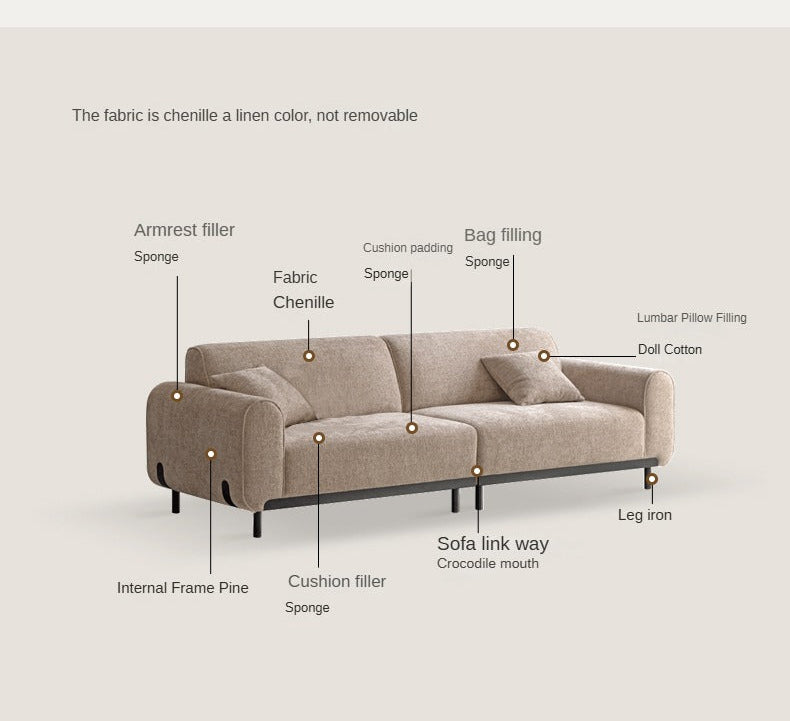 Beige Chenille Sofa with Curved Track Arms and Metal Legs