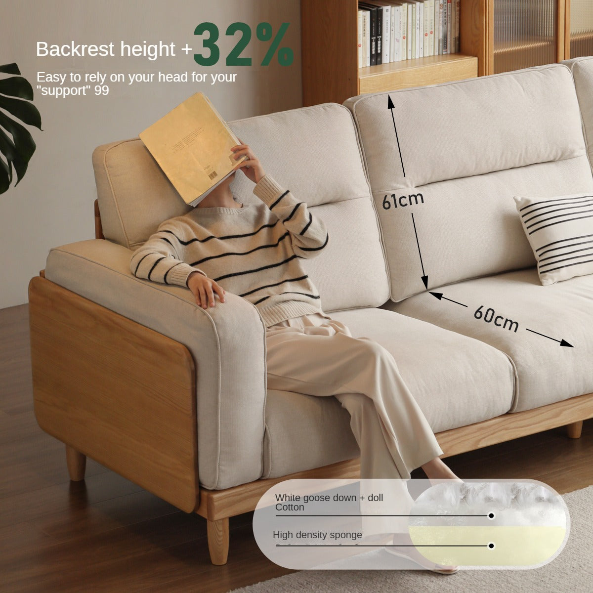 Oak Solid Wood Straight High Back Cloth Leather Sofa,