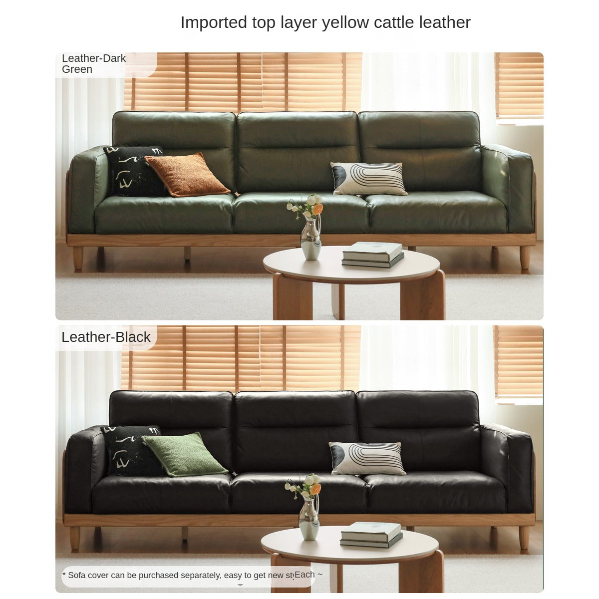 Oak Solid Wood Straight High Back Cloth Leather Sofa,
