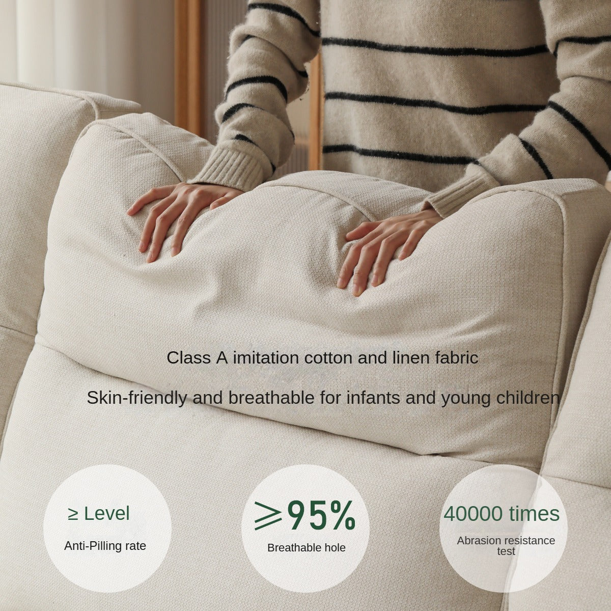 Oak Solid Wood Straight High Back Cloth Leather Sofa,