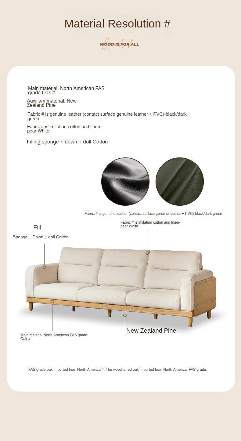 Oak Solid Wood Straight High Back Cloth Leather Sofa,